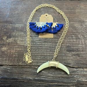Plunder, gold, necklace, and earrings with blue tassels